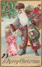 Ronde Christmas-Santa Claus-Ornate Fourrure Bord Robe-Bag De Toys ~1909 ... - $24.87