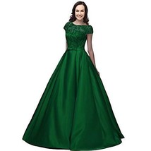 Kivary Beaded Sheer Lace A Line Satin Sash Long Prom Evening Dresses Dark Green  - £104.09 GBP