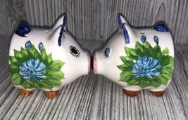 Kissing Piggies Salt and Pepper Shakers Magnetic Noses Blue Green Flowers CUTE! - £10.82 GBP