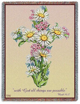 72x54 DAISY CROSS Floral Religious Tapestry Afghan Throw Blanket - £50.49 GBP