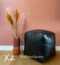 Set of 2 Handmade &amp; Stitched Moroccan Square Pouf, Genuine Leather, All Black  - £111.90 GBP