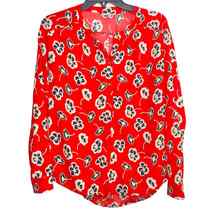 Juicy Couture Blouse Women XS Red Floral V Neck 1/4 Button Long Sleeve - £17.60 GBP