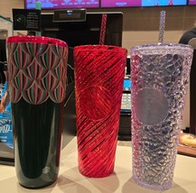 SET of 3 Starbucks Valentines Tumblers Straw 24 oz Red Swirl Iridescent ... - $59.99