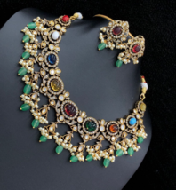 Gold Plated Indian Bollywood Style CZ Choker Necklace Navratna Jewelry Set - £220.21 GBP