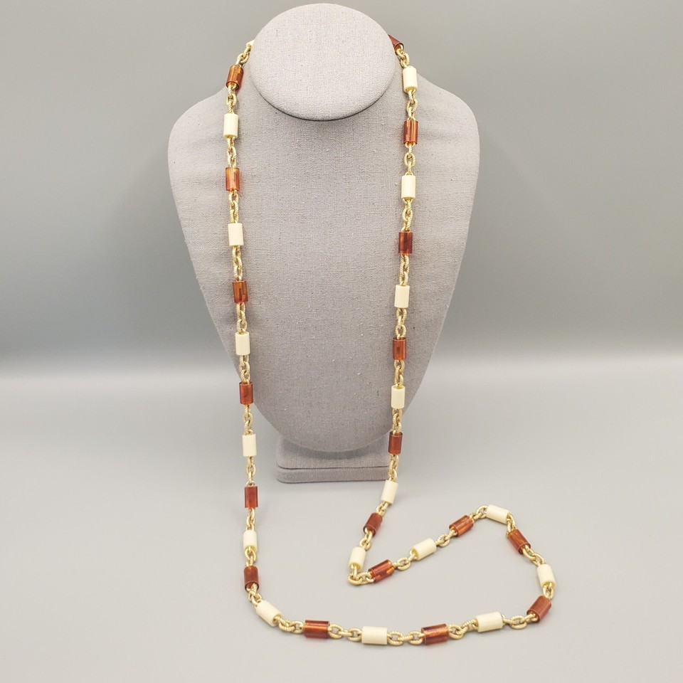 Vintage Necklace Tube Bead Cream Brown Gold Tone Cable Link 48&quot; - $19.99