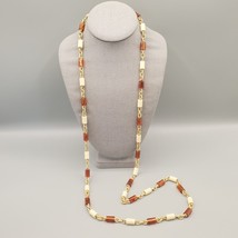 Vintage Necklace Tube Bead Cream Brown Gold Tone Cable Link 48&quot; - $27.36 CAD