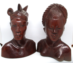 Vintage Hand Carved Wooden Balinese Busts Sculptures - A Pair  - £139.03 GBP