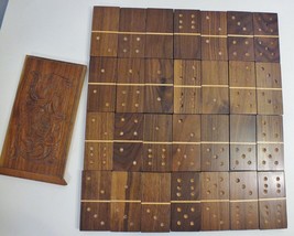 Double Six Dominoes 28 Wood Tiles Inlay in Carved Wood Case Jumbo 2&quot; x 4&quot; x 1/2&quot; - £21.95 GBP