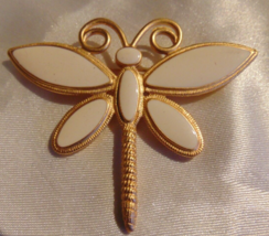 Large Butterfly Pin Brooch Off White Enamel and Gold Tone - £9.51 GBP