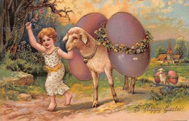 A Happy EASTER-CHILD Leads Lamb Carrying Easter Eggs~Embossed 1905 Postcard - £7.63 GBP