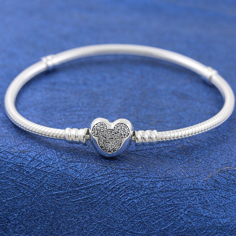 925 Sterling Silver Disney Moments Mickey Heart Clasp Snake Chain Bracelet