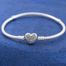 925 Sterling Silver Disney Moments Mickey Heart Clasp Snake Chain Bracelet - £25.10 GBP+