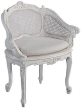Vanity Chair Antiqued White French Intricate Carved Wood, Cane Back, Sand Linen - £774.34 GBP