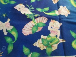 M.E. Hordyszynski Michael Miller fabric MerKitties Cat Mermaids Blue Vin... - £30.87 GBP