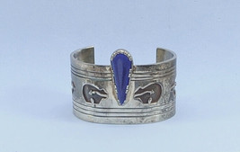 Navajo Overlaid Heartline Bear Cuff Sterling Silver Bracelet 114g Lapis Signed - £519.58 GBP