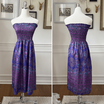 Vintage 80s Purple Strapless Smocked Top Sun Dress S - $512.58 MXN
