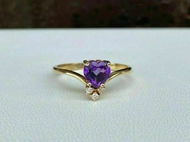 14K Yellow Gold Plated Silver 1.30Ct Simulated Heart Amethyst Heart Wedding Ring - £78.29 GBP