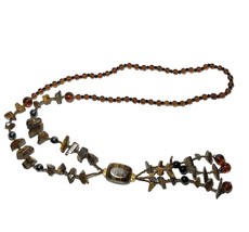 Vintage Tiger&#39;s Eye Beaded Tassel Necklace Glass Stone Brown Chunky - $276.80 MXN