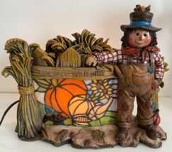 Vintage “Harvest Welcome” Stained Glass Light Up Sign Lamp Scarecrow Fall Decor - £63.28 GBP