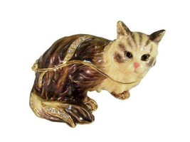 Jeweled Enameled Pewter Brown Cat Hinged Trinket Jewelry Box by Terra Co... - £21.22 GBP