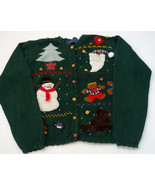 Hand embroidered country applique ugly Christmas green cardigan sweater - $27.73 CAD