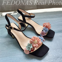 Fashion Sweet Flowers Decoration Women Sandals Square Toe Buckle High Heels Eleg - £83.86 GBP