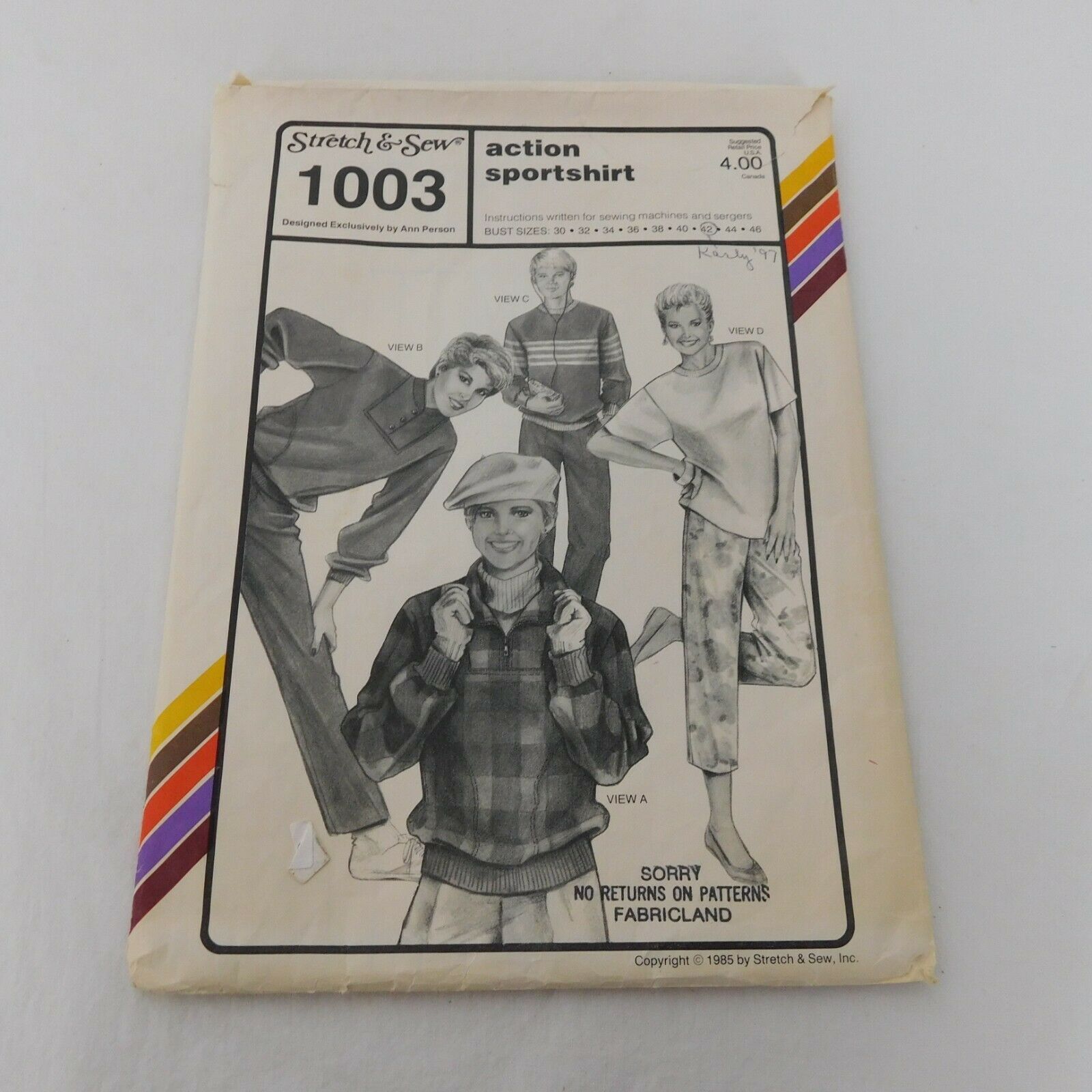 Stretch & Sew Pattern 1003 Pullover Action Sport Shirt Unisex Bust 30-46 1985 - £4.70 GBP