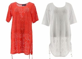 Denim &amp; Co Beach Open Work Lace Look Swimsuit Cover Up in Red or White XXS-XS - £23.59 GBP