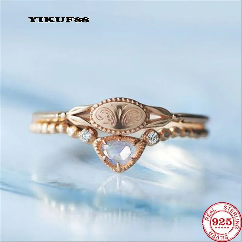 YIKUF88 S925  Silver Women Ring  Moonstone Labrite Retro Micro Chapter Set Ring - $66.93