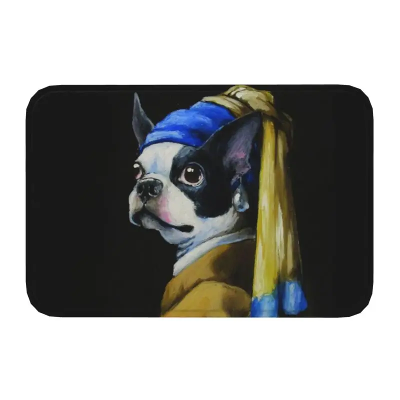 With A Pearl Earring Front Door Mats Outdoor Cartoon Boston Terrier Dog Doormat  - £12.69 GBP