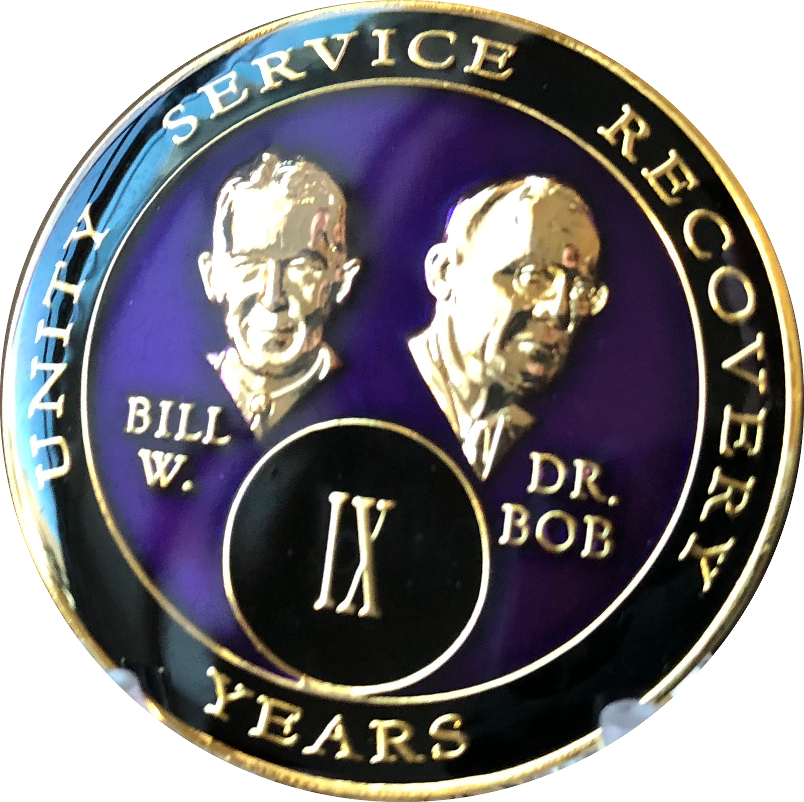 9 Year AA Founders Purple Tri-Plate Medallion Bill & Bob Sobriety Chip Nine IX
