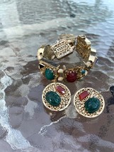 Vintage Kafin New York Bracelet And Earrings Set W Charm Multicolored Stones - £76.65 GBP