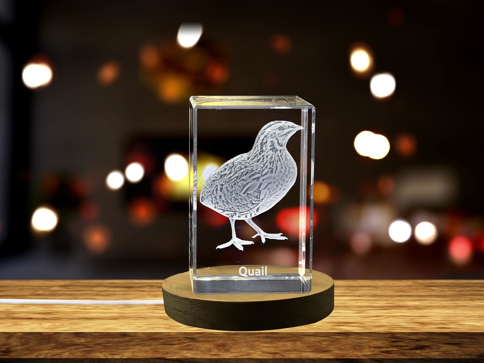 LED Base included | Exquisitely Engraved Pair of Quail | 3D Engraved Crystal