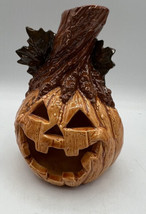 Holiday Votive Halloween Carved Pumpkin Trunk Oak Leaves Glossy 7.5 x 4 Inches - £20.07 GBP