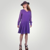 Mod Purple Pleated Mini Dress 70s Vintage Long Sleeve S XS - £31.10 GBP