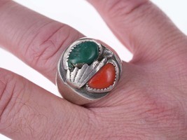 Vintage Navajo Sterling turquoise and coral men&#39;s ring - £135.64 GBP