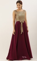 Attractive Gold Sequins N Maroon Georgette Flared Gown Party Wear - £52.02 GBP+