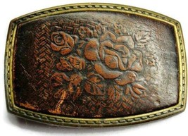 Western Leather Top Rose Rectangular Cowgirl Cowboy Vintage Belt Buckle - £19.54 GBP