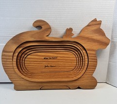 Vtg Wood Collapsible Wood Cat Shaped Bowl Pear Tree Baskets Signed John Kiem 15” - £26.07 GBP