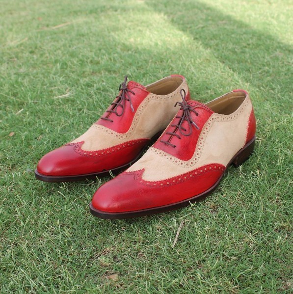 Two Tone Oxford Wing Tip Red Beige Cont Brogue Toe Matching Sole Leather Shoes