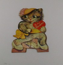 Vintage 1940&#39;s Valentine Card Kitten In Hat Heels Ribbon &amp; Bow 3 3/4&quot; x 2 1/4&quot; - £2.23 GBP