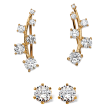 Cz Ear Climber & Stud Earrings Set Gp 14K Gold Sterling Silver - $129.99