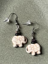 Small Cream Plastic Elephant w Black &amp; Iridescent Thin Flat Beads Dangle Earring - £8.88 GBP