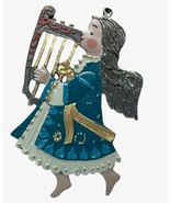 Vitg.  Metal Christmas Ornament ANGEL Playing Harp Silver Hair Blue Dres... - £21.50 GBP