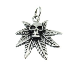 Solid 925 Sterling Silver Marijuana Weed Leaf &amp; Skeleton Skull Gothic Pendant - £21.94 GBP