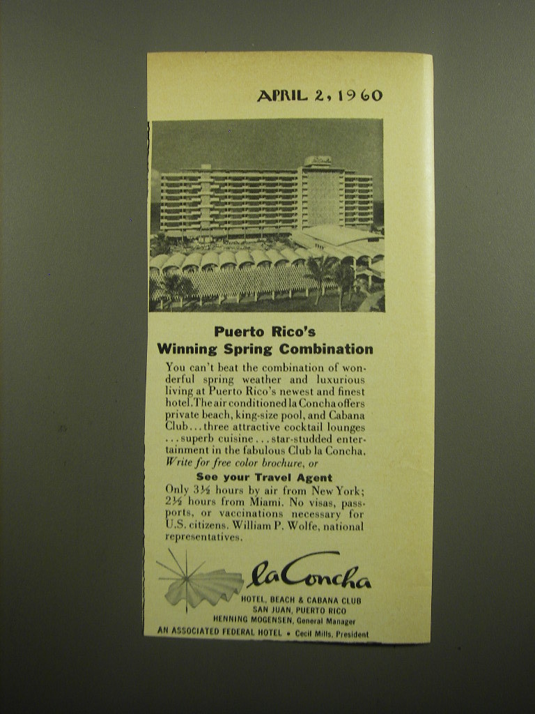 Primary image for 1960 La Concha Hotel Ad - Puerto Rico's Winning Spring Combination