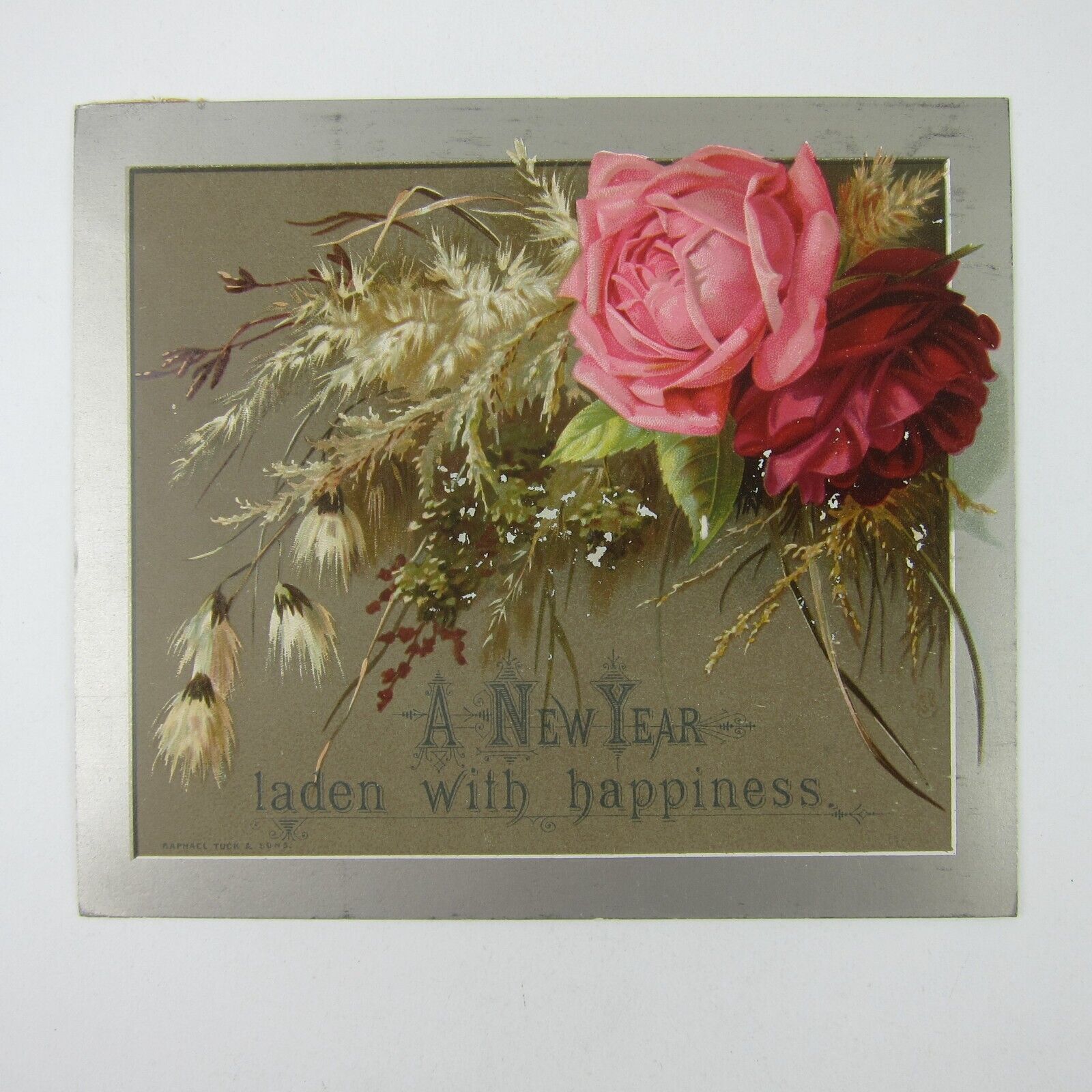 Primary image for Victorian Greeting Card New Years Pink & Red Rose Flowers Raphael & Tuck Antique