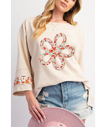 Beige Flower Patched Side Slits Plus Size Top - $44.99