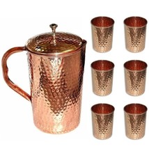 Pure Copper Handmade Hammered Finish Water Pitcher Jug With 6 Tumbler 1500+300ml - £37.33 GBP