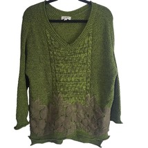 Umgee Sweater S Womens V Neck Green Floral Appliqué Pullover Knit Classic - £13.02 GBP